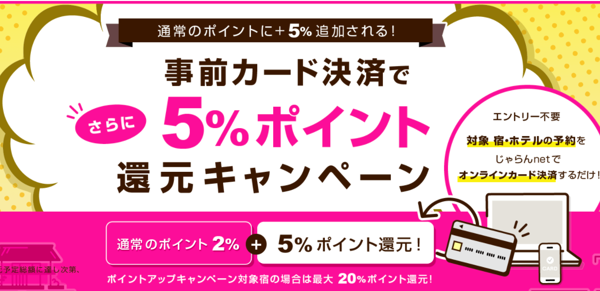 じゃらん事前カード決済でポイント5 還元キャンペーン 宿泊割引クーポン併用で超得