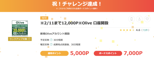 【モッピー】Olive口座開設で12,000円分のポイント